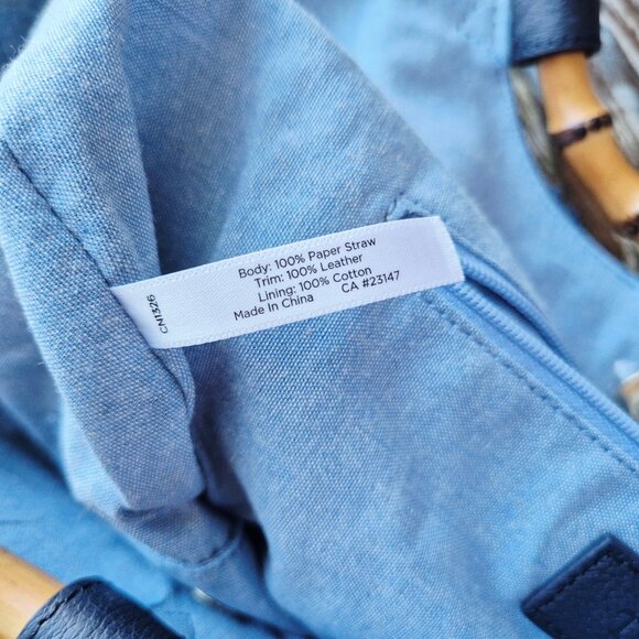 NWoT Talbots 100% Paper Straw Round Bamboo Handle Leather Trim Tote Bag Blue - Picture 12 of 13